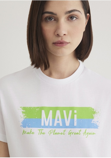 Mavi - Doğa Dostu Make The Planet Great Again Baskılı Tişört 16 Beyaz