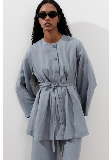 Keten Pensli Tunik Mavi Mavi