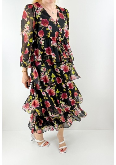 Modaonna Kat Kat Şifon Çiçekli Elbise Çok Renkli