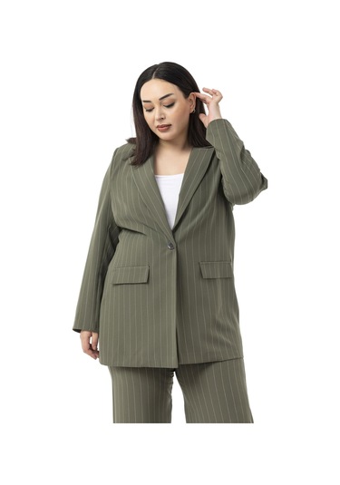 Büyük Beden Çizgili Haki Ceket Pantolon İkili Takım Haki