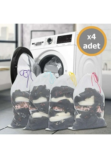 4 Adet Lüx Çamaşır Yıkama Filesi Renkli Ipli 40x60 Cm Çok Renkli