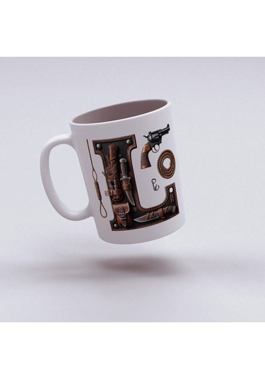 L Harfi Kovboy Temalı Bardak 330 Ml İsim / Harf Kişiye Özel Hediye - Vahşi Batı Konsept Beyaz