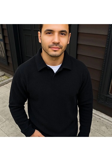 Erkek Fitilli Polar Sweatshirt Düğmesiz Polo Yaka, Oversize Rahat Kalıp, Kalın Polar Kumaş, Kışlık Siyah