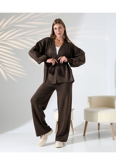 Kuşak Detaylı İkili Triko Takım Kahverengi