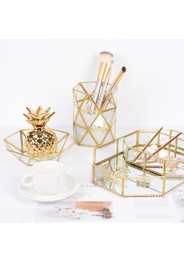 Sones Cam Depolama Tepsisi Altın Retro Poligon Aynalı Tepsi Pirinç Masaüstü Kozmetik Depolama Tepsisi Güzellik Fırçası Kovası