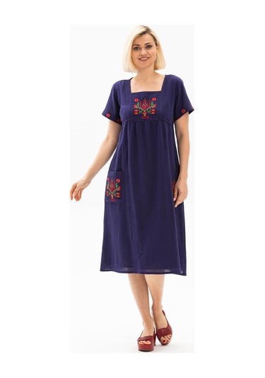 Kısa Kol Şile Bezi Melek Midi Boy Elbise Mor Mor