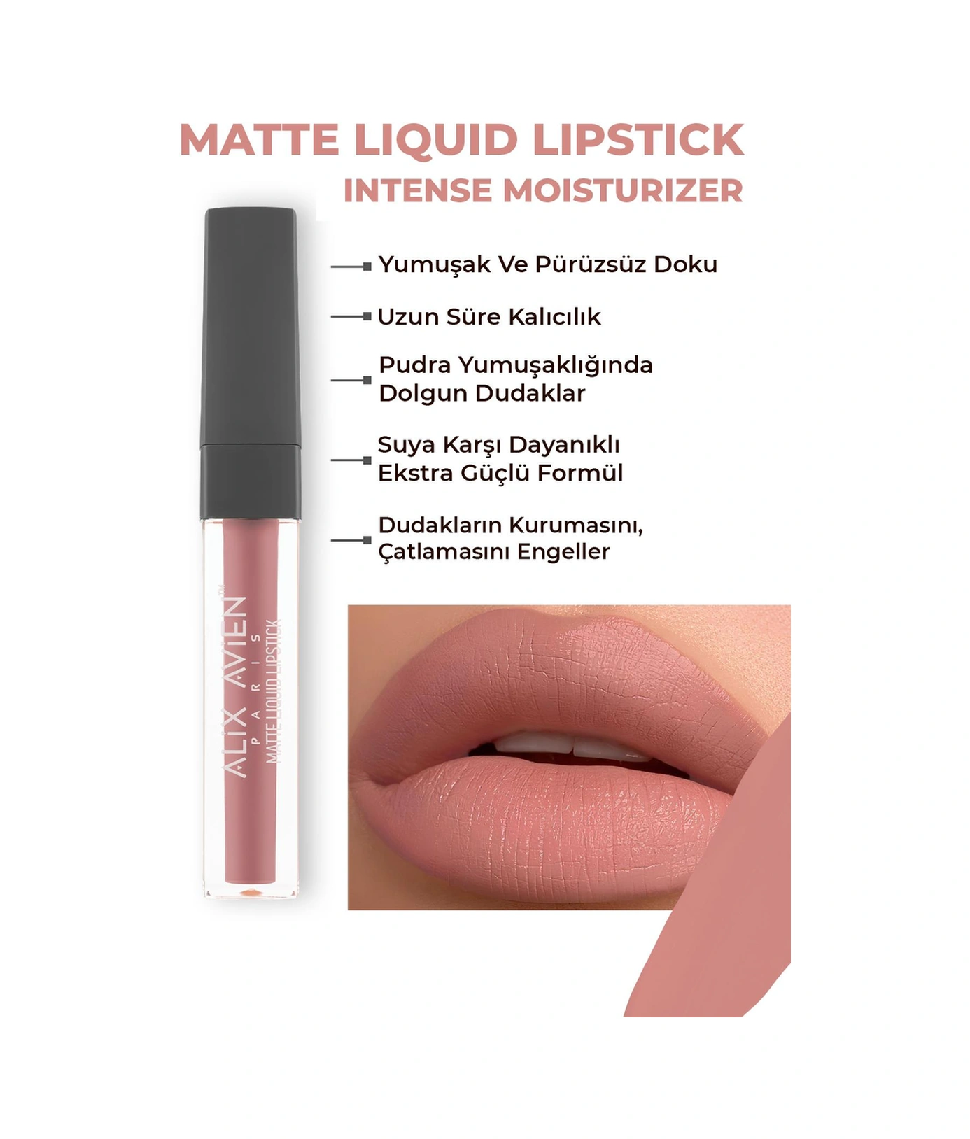 Alix Avien Uzun Süre Kalıcı Kadifemsi Kuruma Yapmayan Mat Likit Ruj Matte Liquid Lipstick 505 Nude Pink