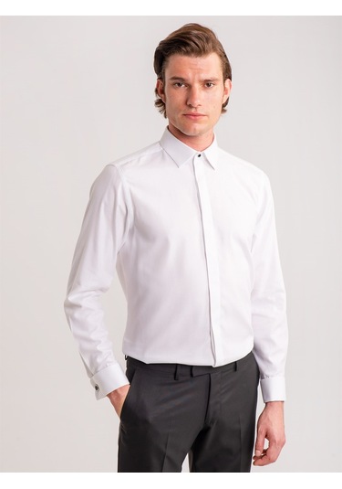 Dufy Beyaz Erkek Slim Fit Brent Yaka Uzun Kol Gömlek - 58629 Beyaz