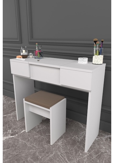 Dekorfim DF02101B Çekmeceli Aynalı Tabureli Puflu Makyaj Masası