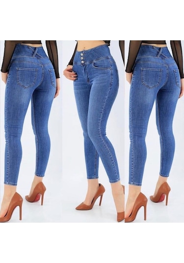 Simala Yüksek Bel Likralı Jean Pantolon 90 Cm Mavi