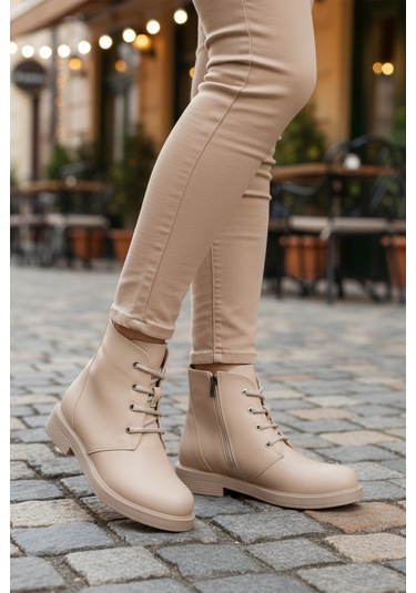 Aspor Bej Bağcıklı Fermuarlı Kadın Topuklu Bot Çok Renkli