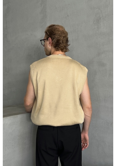 Erkek V Yaka Oversize Süveter Bej