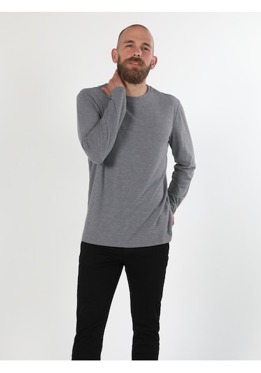 Colins Regular Fit Bisiklet Yaka Erkek Gri Melanj Uzun Kol Tişört 001