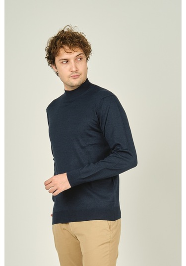 Ateş Triko Erkek Yarım Balıkçı Yaka Yün Kazak 0004 Indigo Indigo İndigo