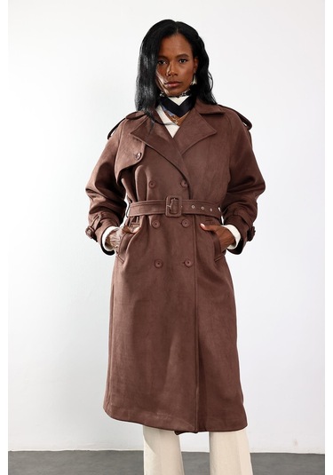 Kahverengi Kruvaze Yaka Süet Kaban 9608 Kahverengi