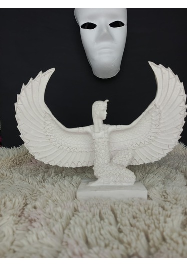 Antik İsis Heykel Obje, Beyaz Oturan Kanatlı İsis Obje, Ev Dekoru