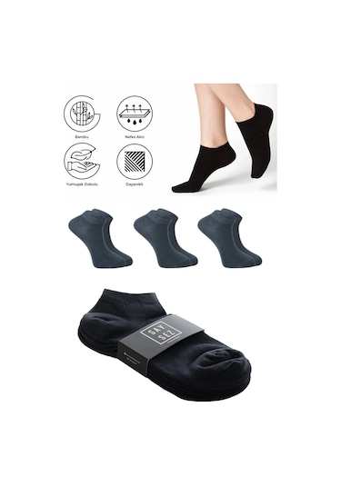 Bambu Erkek Patik Düz Füme Renk Çorap Dikişsiz Premium 3'lü Paket Füme