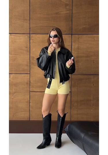 Prifaldi Premium Oversiz Bomber Deri Ceket Siyah