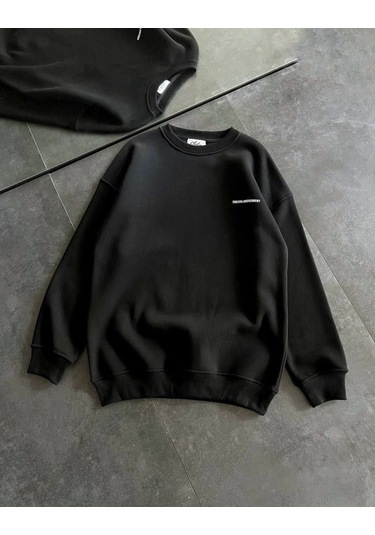 Kışlık Bisiklet Yaka Oversize Baskılı Sweatshirt - Siyah Siyah