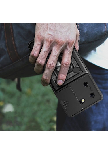 Zore Tecno Pova 5 Kılıf Magnetik Standlı Kamera Korumalı Msra Sürgülü Vega Kapak - Siyah Siyah