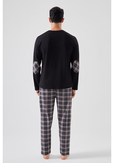 Erkek Pamuklu Uzun Kollu Yamalı Ekose Desenli Pijama Takımı Ko60104 Siyah - Kırmızı