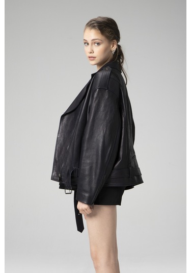 Dericlub Pamela Unisex Jumbo Oversize Biker Hakiki Deri Mont Lacivert Null Lacivert