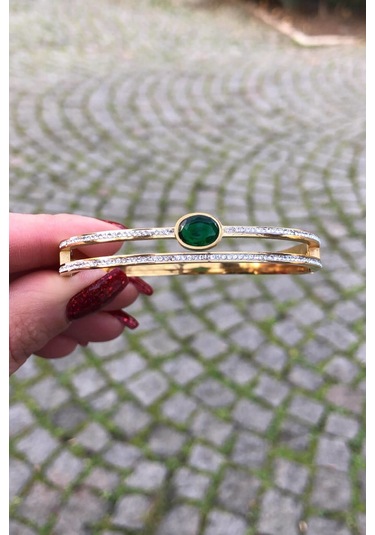 Zirkon Taş Sıralı Ve Yeşil Taş Detaylı Gold Renk Kelepçe - Çelik Yeşil