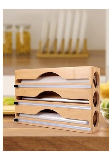Bambu Streç Film Ve Folyo Kesici Pratik, Dayanıklı Ve Şık Mutfak Düzenleyici 33 21.5 8 Cm Bambu