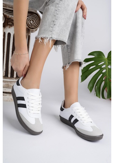 Muggo Gordon Unisex Ortopedik Günlük Garantili Bağcıklı Yürüyüş Koşu Sneaker Spor Ayakkabı Beyaz - Siyah