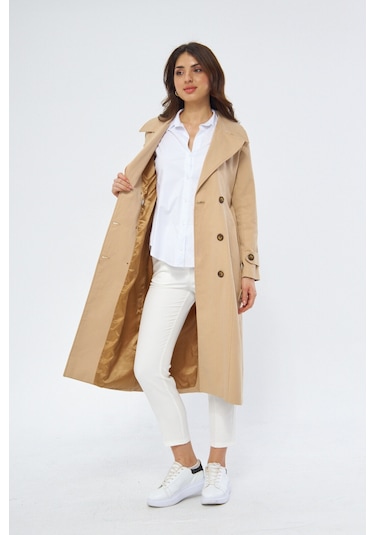 %100 Pamuk Ekstra Uzun 120cm Kruvaze Kadın Trençkot 1121 Açık Bej