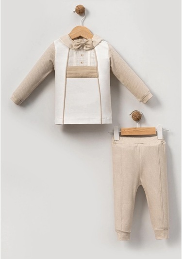 Önü Düğme Aksesuarlı Bebe 2'li Erkek Takım Bej
