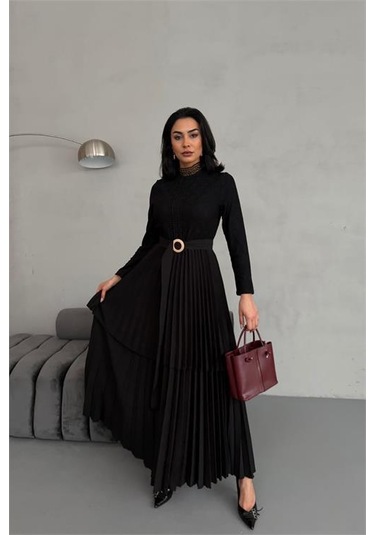 Dipmoda Kadın Krep Kumaş Dantel Detaylı Kemerli Uzun Elbise Dpms2525 Siyah