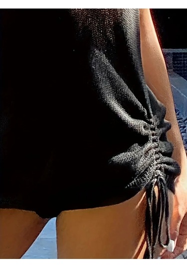 Kadın Eteği Büzgü Detay Boyundan Bağlamalı Mini Triko Pareo Siyah