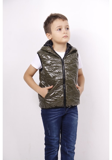 Toontoy Erkek Çocuk Kapşonlu Parlak Yelek Haki