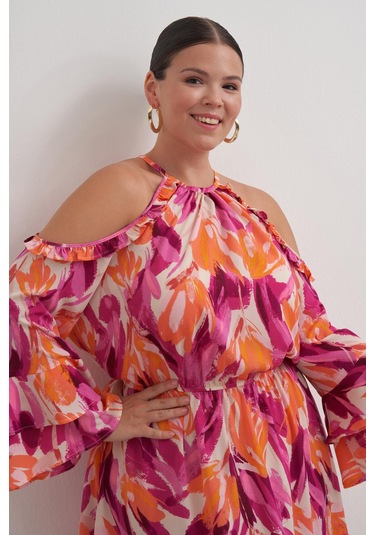 Pencere Detaylı Volanlı Elbise-6223 Çok Renkli