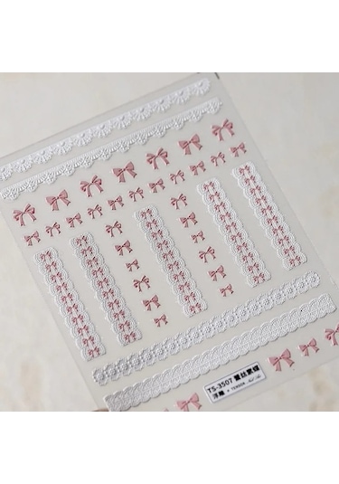 Flybuy 1 Adet 5d Kabartma Kawaii Dantel Nail Art Etiketler Pembe Yay Kalp Ts-3593
