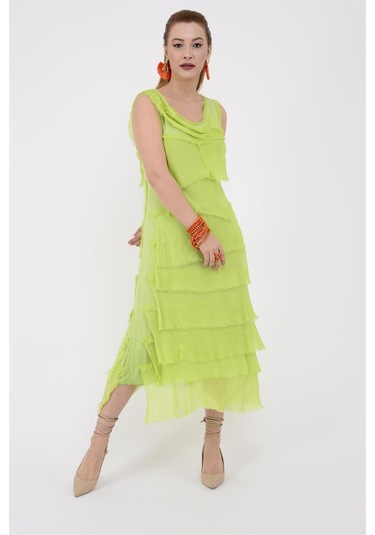 Italyan 2 Beden İnce Gösteren Kat Kat Kolsuz Ipek Elbise Neon Yeşil