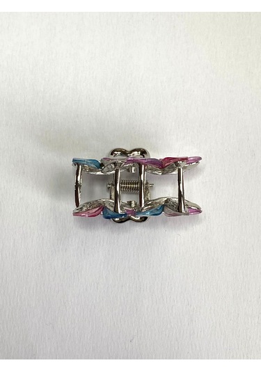 Karışık Renkli Taşlı Çiçek Gümüş Detaylı Metal Mandal Toka 4 Cm Çok Renkli