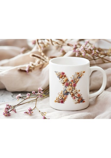 X Harfi Çiçek Desenli Kupa Bardak - Alfabe Harfleri İle Doğal Çiçekli Kupa - Hediye Fikir Beyaz