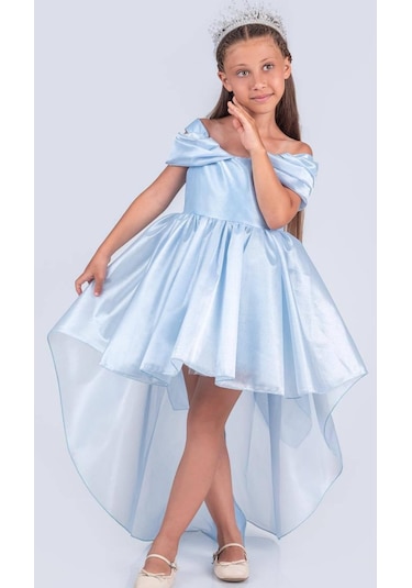 Prenses Modeli Arkası Uzun Abiye Elbise Kız Çocuk İçin Özel Gün Ve Doğum Günü Elbisesi Mavi