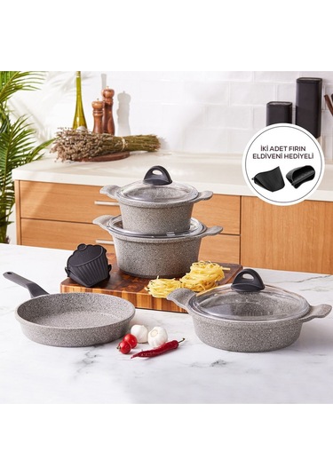 Karaca  Biogranit Brian 9 Parça Fırın Eldiveni Hediyeli Döküm Tencere Seti