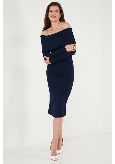 Lela Premium Fitilli Carmen Yaka Slim Fit Midi Boy Triko Bayan Elbise 680El00033 Lacivert