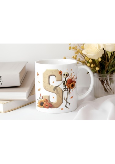 S Harfi Pembe Kareli Kalpli Göz Emojili Kupa Bardak Eğlenceli Kareli Tasarım Kahve Çay Kupası Beyaz