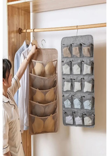 20 Cepli Dolap İçi İç Çamaşırı Organizeri I İki Taraflı Askılı Dolap Içi Sütyen Düzenleyici Gri