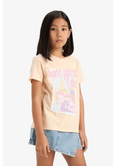 Defacto Kız Çocuk Bisiklet Yaka Baskılı Kısa Kollu Tişört E0350a825smog96 Turuncu