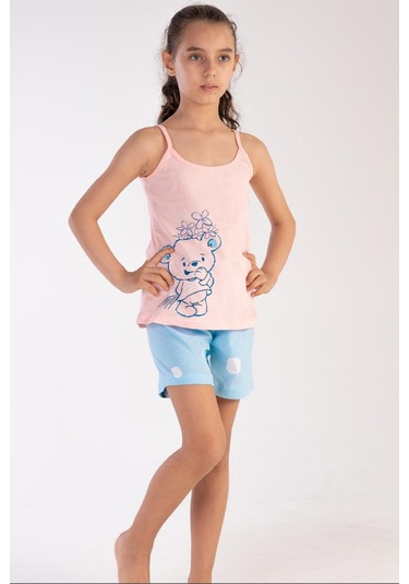 Kız Çocuk Şortlu Pijama Takımı Askılı Ayıcık Baskılı A13 Pembe