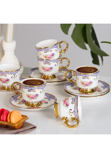 Porsima Ist-169 Yaldızlı Desenli Porselen Fincan Takımı Lila