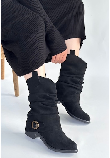 Canty Siyah Süet Körüklü Topuklu Çizme Siyah