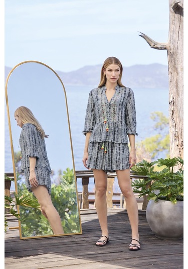 Monamise Kadın Desenli Truvakar Kollu V Yaka Alt Üst Takım 25044 Gri