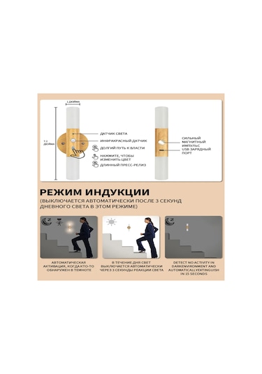 Springsun Usb Şarjlı Akıllı İnsan Algılama Duvar Lambası, İki Kafa Döner Akrilik Stairway Geçit Işığı, Sürekli/algılama Modu, Dahili Pil, Ambiyans Aydınlatması Ahşap